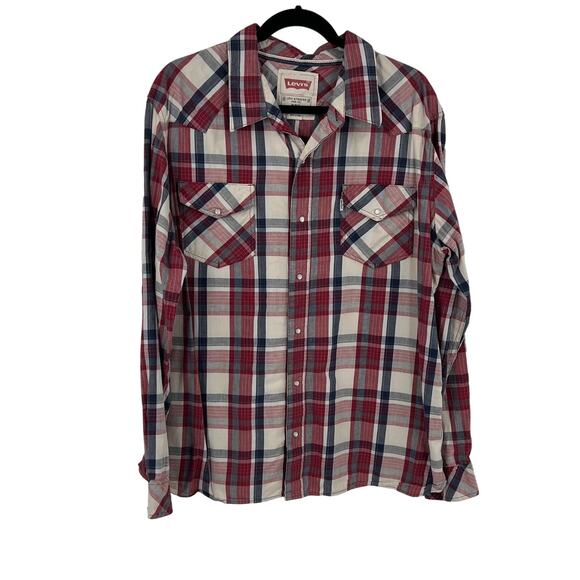Vintage Levi's Red Blue White Plaid Striped Casual Pearl Snap Western Men's XXL - Picture 1 of 12